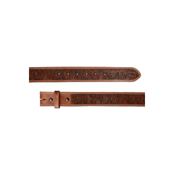 A brown full grain leather belt for women featuring tooled sunflower pattern 